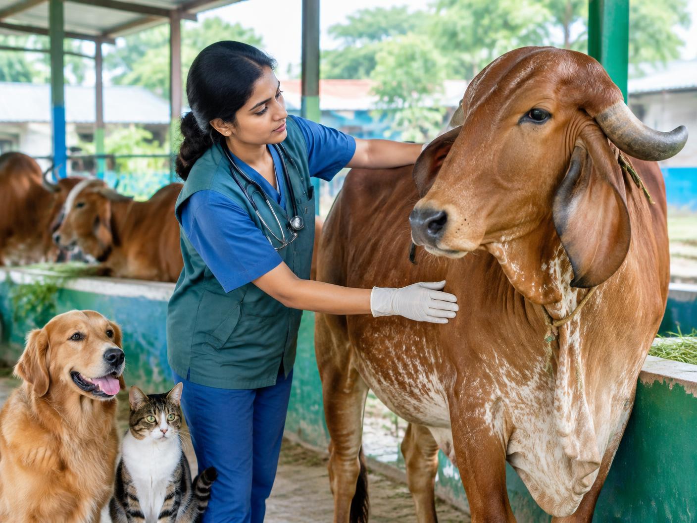 Veterinarian caring for a goshala cow with companion animals nearby